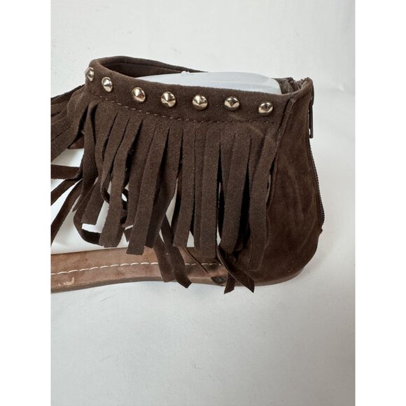 Brown Fringe Suede Flat Thong Sandals With Studded Accents & Zipper Closure For - Picture 12 of 15